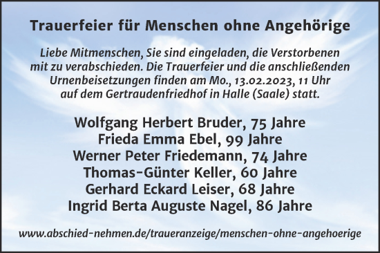 Traueranzeige von In Gedenken  von Mitteldeutsche Zeitung Halle/Saalkreis