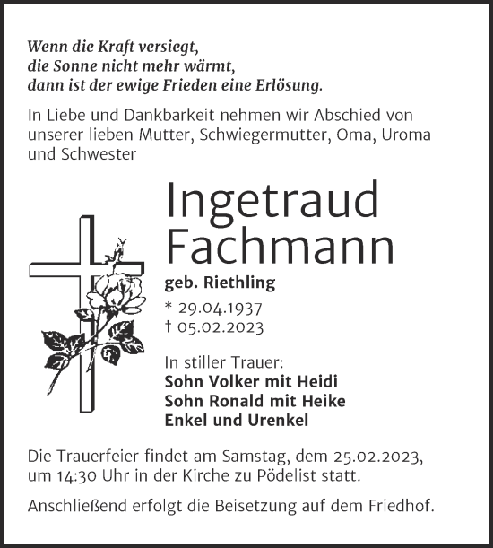 Traueranzeige von Ingetraud Fachmann von Naumburger Tageblatt