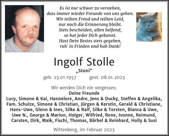 Traueranzeige von Ingolf Stolle von Trauerkombi Wittenberg