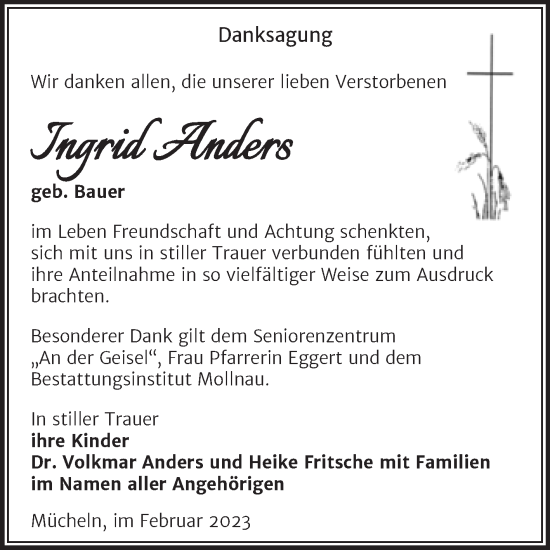Traueranzeige von Ingrid Anders von Trauerkombi Merseburg