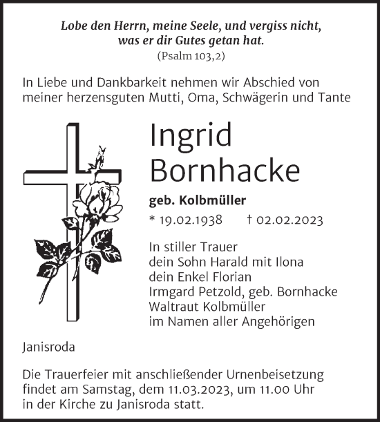 Traueranzeige von Ingrid Bornhacke von Wochenspiegel Naumburg/Nebra