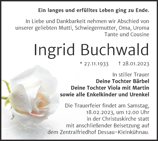 Traueranzeige von Ingrid Buchwald von Trauerkombi Dessau