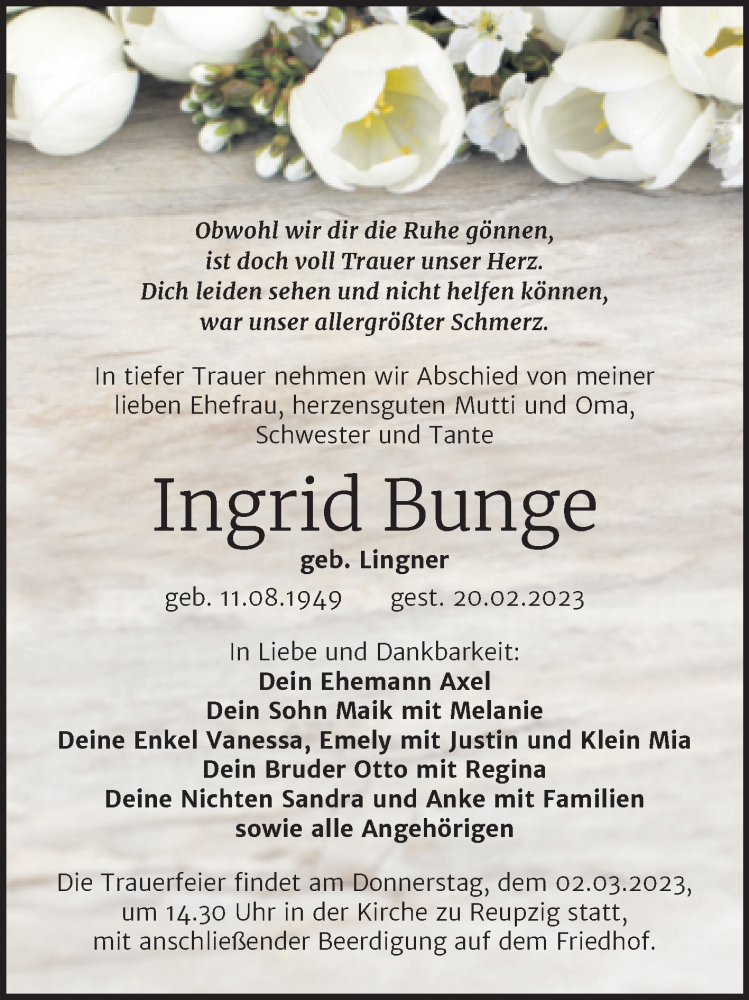  Traueranzeige für Ingrid Bunge vom 23.02.2023 aus Trauerkombi Köthen