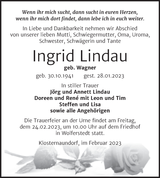 Traueranzeige von Ingrid Lindau von Trauerkombi Sangerhausen