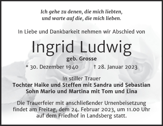 Traueranzeige von Ingrid Ludwig von Mitteldeutsche Zeitung Halle/Saalkreis