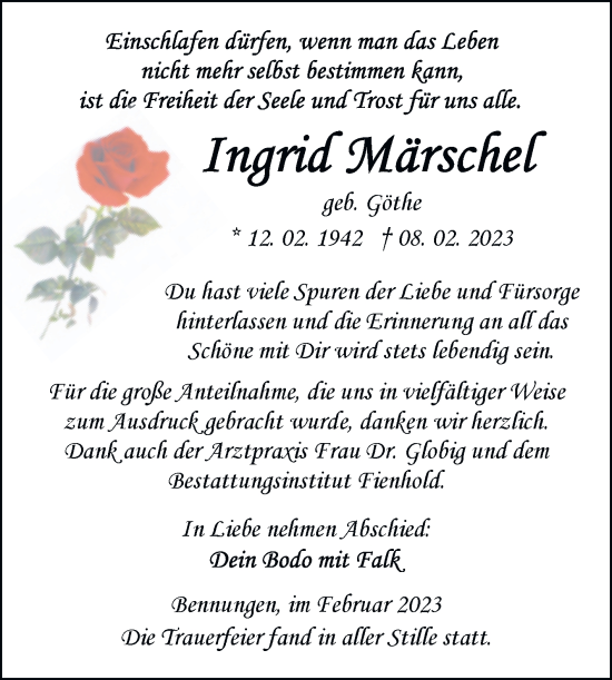 Traueranzeige von Ingrid Märschel von Trauerkombi Sangerhausen