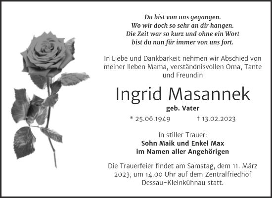 Traueranzeige von Ingrid Masannek von Trauerkombi Dessau