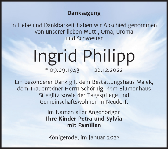 Traueranzeige von Ingrid Philipp von Trauerkombi Quedlinburg