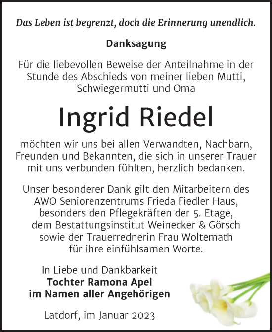 Traueranzeige von Ingrid Riedel von Trauerkombi Bernburg