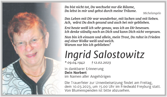 Traueranzeige von Ingrid Salostowitz von Trauerkombi Merseburg