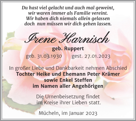 Traueranzeige von Irene Harnisch von Trauerkombi Merseburg