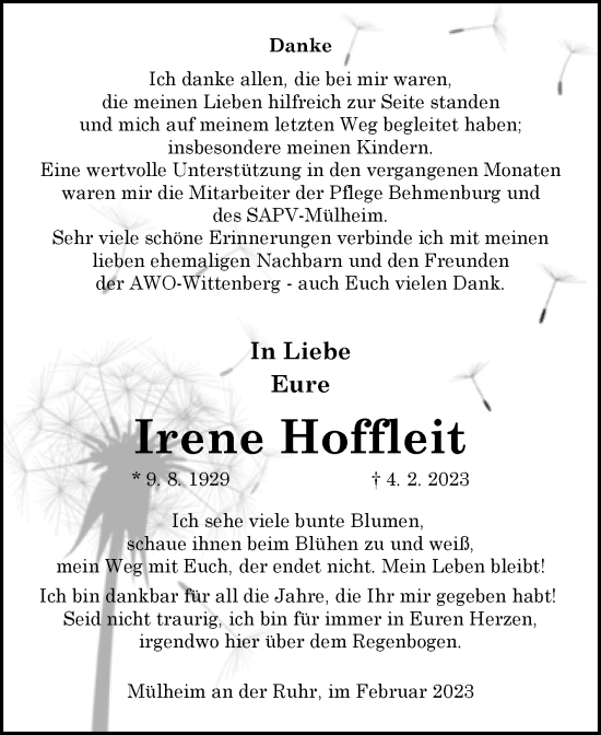 Traueranzeige von Irene Hoffleit von Mitteldeutsche Zeitung