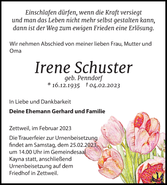 Traueranzeige von Irene Schuster von Trauerkombi Zeitz