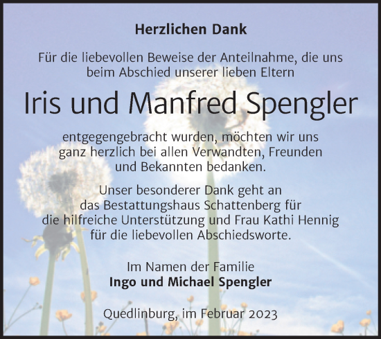 Traueranzeige von Iris und Manfred Spengler von Trauerkombi Quedlinburg