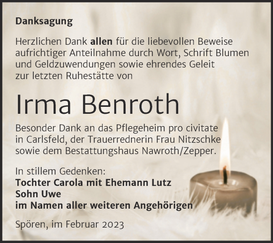 Traueranzeige von Irma Benroth von Trauerkombi Bitterfeld