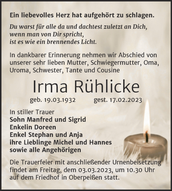 Traueranzeige von Irma Rühlicke von Trauerkombi Bernburg