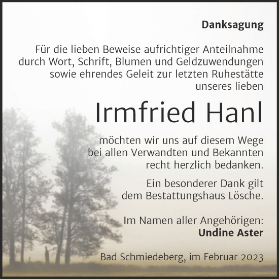 Traueranzeige von Irmfried Hanl von Trauerkombi Wittenberg