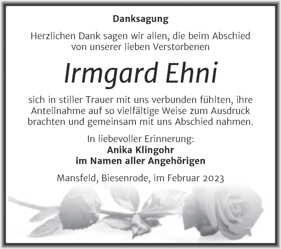 Traueranzeige von Irmgard Ehni von Trauerkombi Mansfelder Land