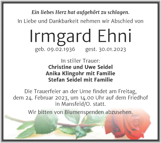 Traueranzeige von Irmgard Ehni von Trauerkombi Mansfelder Land