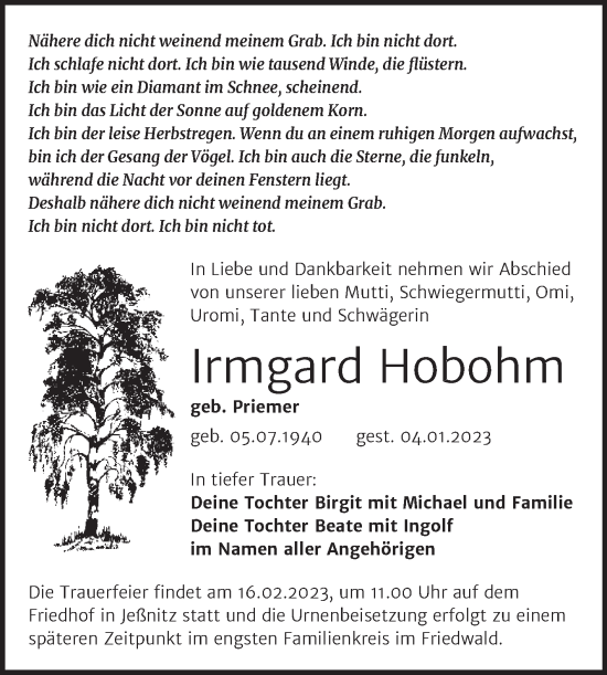Traueranzeige von Irmgard Hobohm von Trauerkombi Bitterfeld