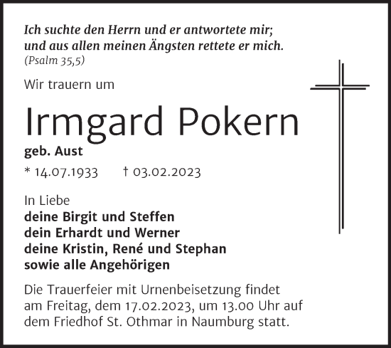 Traueranzeige von Irmgard Pokern von Naumburger Tageblatt