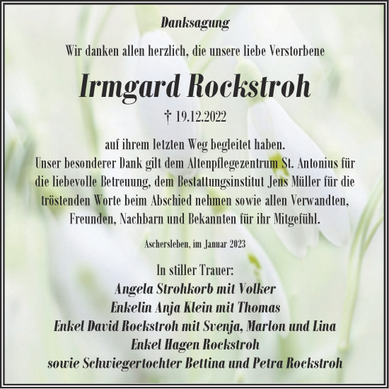 Traueranzeige von Irmgard Rockstroh von Trauerkombi Aschersleben