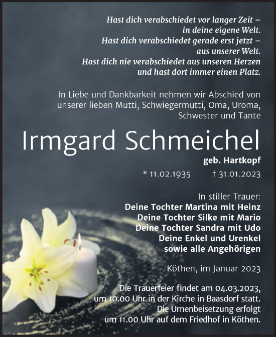 Traueranzeige von Irmgard Schmeichel von Trauerkombi Köthen