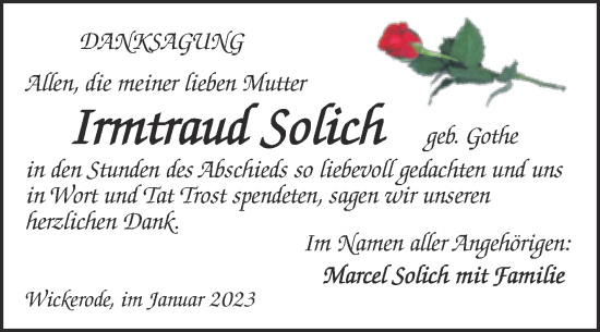 Traueranzeige von Irmtraud Solich von Trauerkombi Sangerhausen