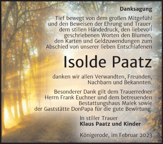 Traueranzeige von Isolde Paatz von Trauerkombi Quedlinburg