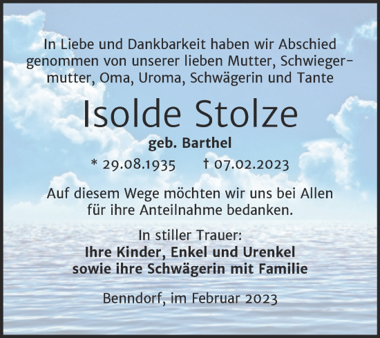 Traueranzeige von Isolde Stolze von Mitteldeutsche Zeitung Mansfelder Land