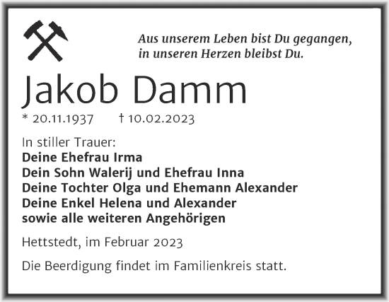 Traueranzeige von Jakob Damm von Trauerkombi Mansfelder Land