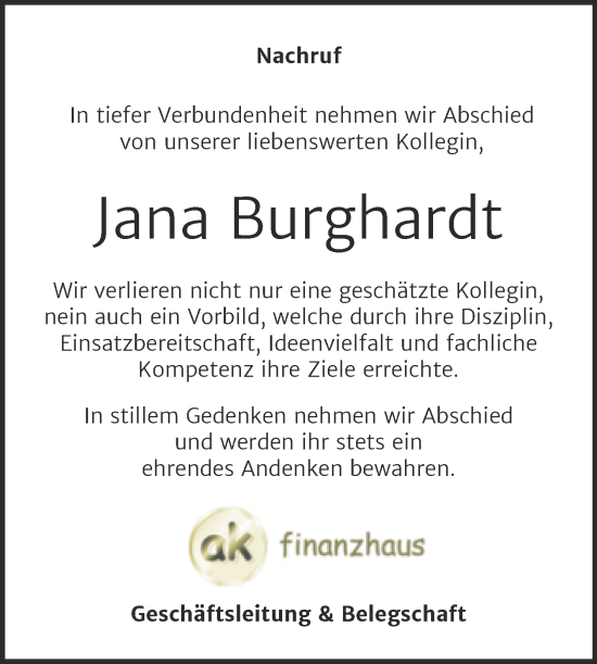 Traueranzeige von Jana Burghardt von Mitteldeutsche Zeitung Sangerhausen
