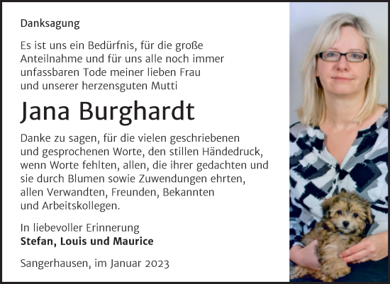 Traueranzeige von Jana Burghardt von Trauerkombi Sangerhausen