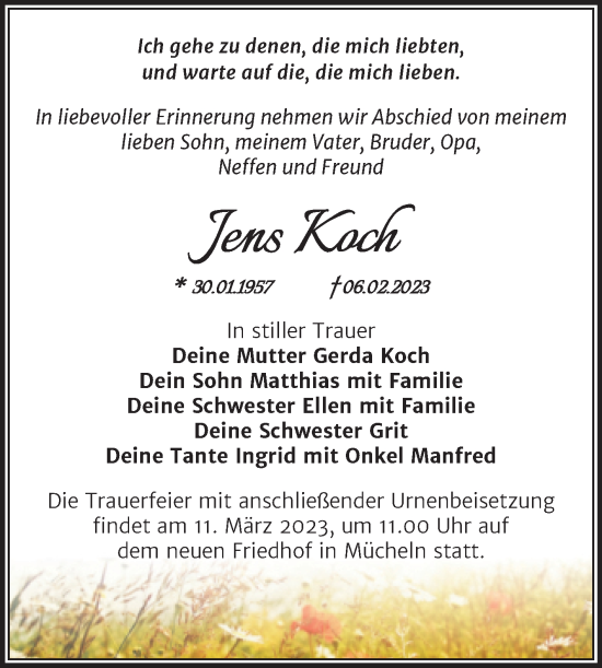 Traueranzeige von Jens Koch von Super Sonntag Merseburg/Querfurt