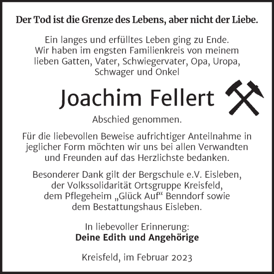 Traueranzeige von Joachim Fellert von Trauerkombi Mansfelder Land