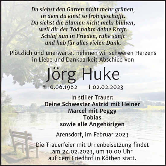 Traueranzeige von Jörg Huke von Trauerkombi Köthen