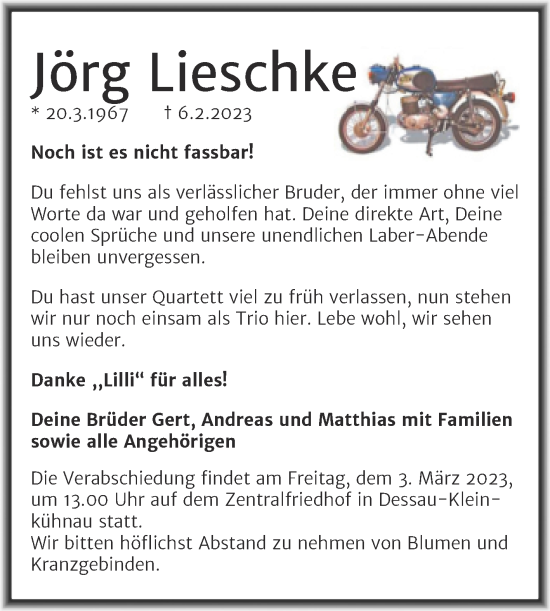Traueranzeige von Jörg Lieschke von Trauerkombi Dessau