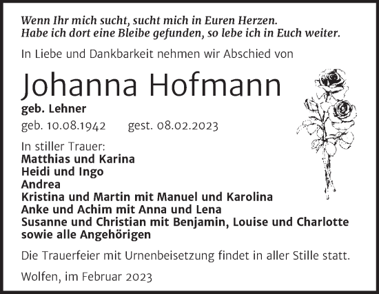 Traueranzeige von Johanna Hofmann von Trauerkombi Bitterfeld