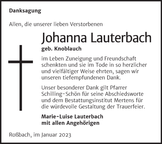 Traueranzeige von Johanna Lauterbach von Naumburger Tageblatt
