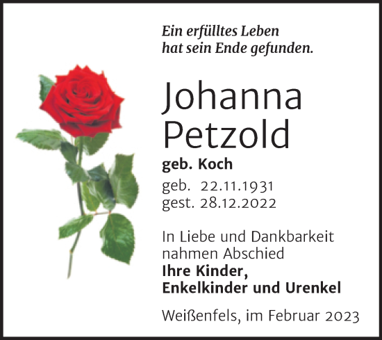 Traueranzeige von Johanna Petzold von Trauerkombi Weißenfels