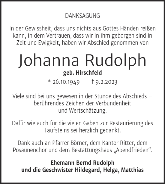 Traueranzeige von Johanna Rudolph von Trauerkombi Merseburg
