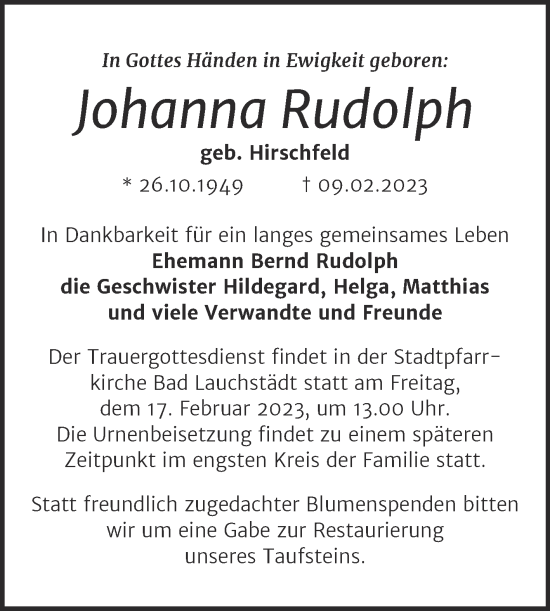Traueranzeige von Johanna Rudolph von Mitteldeutsche Zeitung Merseburg/Querfurt