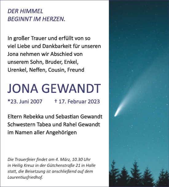 Traueranzeige von Jona Gewandt von Mitteldeutsche Zeitung Halle/Saalkreis