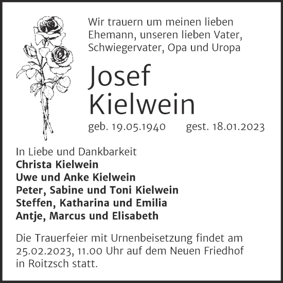 Traueranzeige von Josef Kielwein von Trauerkombi Bitterfeld