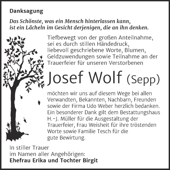 Traueranzeige von Josef Wolf von Trauerkombi Aschersleben