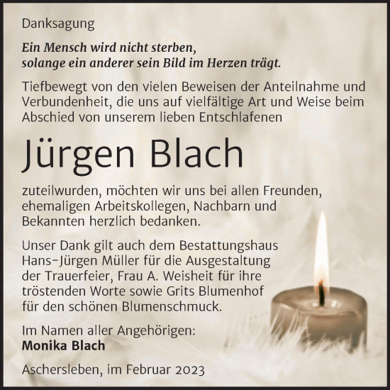 Traueranzeige von Jürgen Blach von Trauerkombi Aschersleben