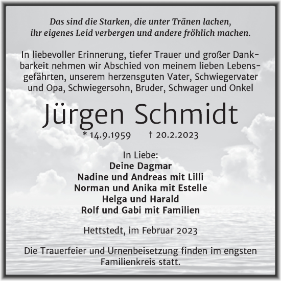 Traueranzeige von Jürgen Schmidt von Trauerkombi Mansfelder Land