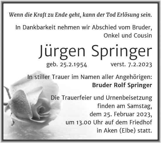 Traueranzeige von Jürgen Springer von Trauerkombi Bitterfeld