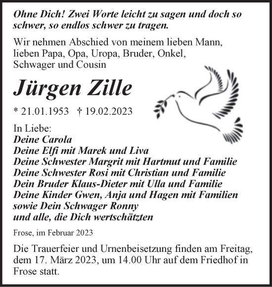 Traueranzeige von Jürgen Zille von Trauerkombi Aschersleben