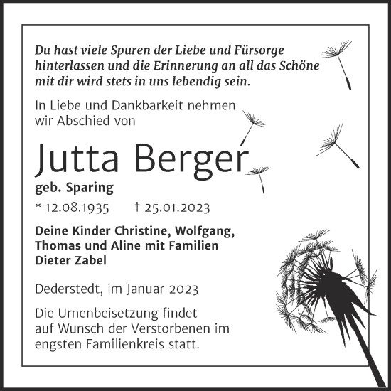 Traueranzeige von Jutta Berger von Trauerkombi Mansfelder Land
